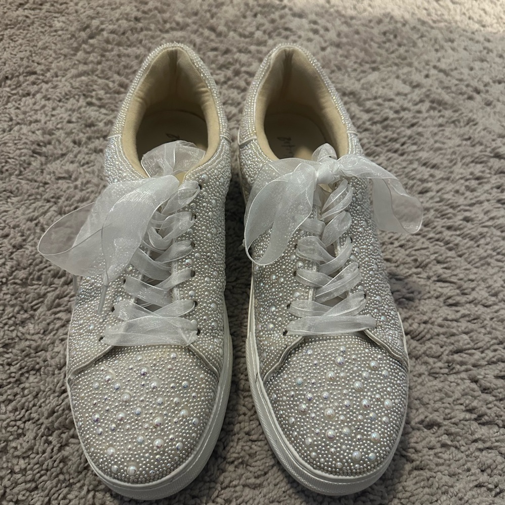 Betsey Johnson White Pearl & Crystal Embellished Satin Lace Sneakers